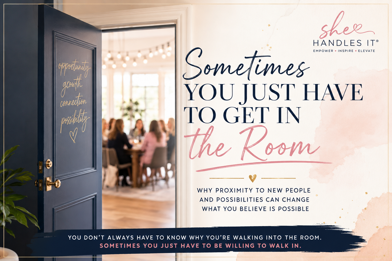 Open doorway to a softly lit room with people inside and quote text overlaid on the right