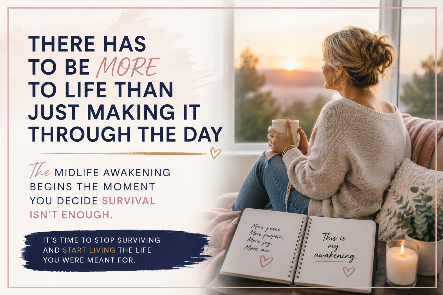 Woman sits on a couch by a window reading an open journal at sunrise with motivational text overlay.