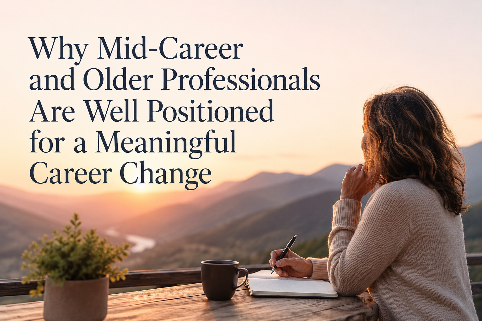 Person writing at a table overlooking mountains at sunset, with headline about career change for mid-career and older professionals
