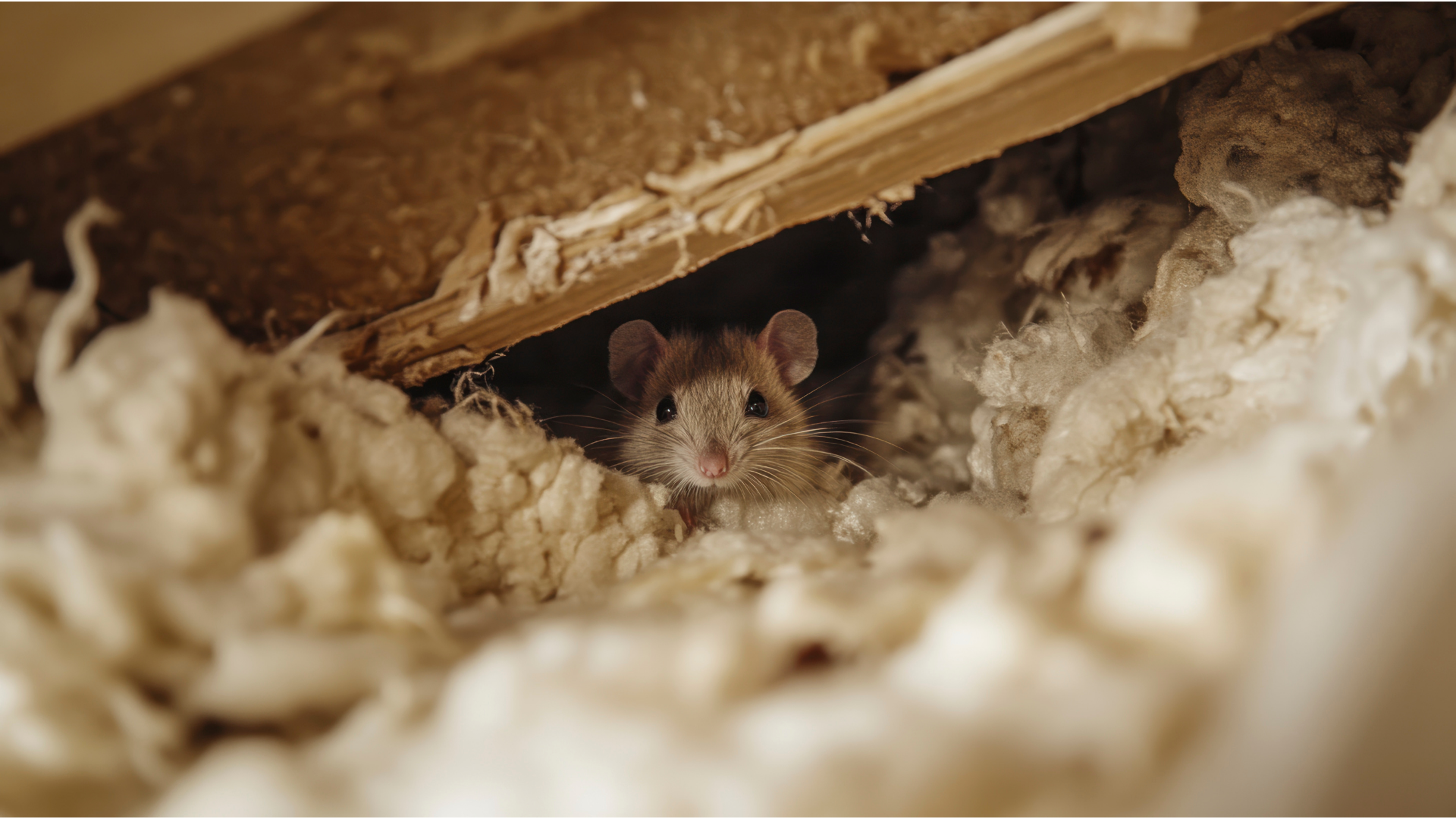 A small brown mouse peers out from a nest made of fluffy white insulation, tucked beneath a wooden beam.