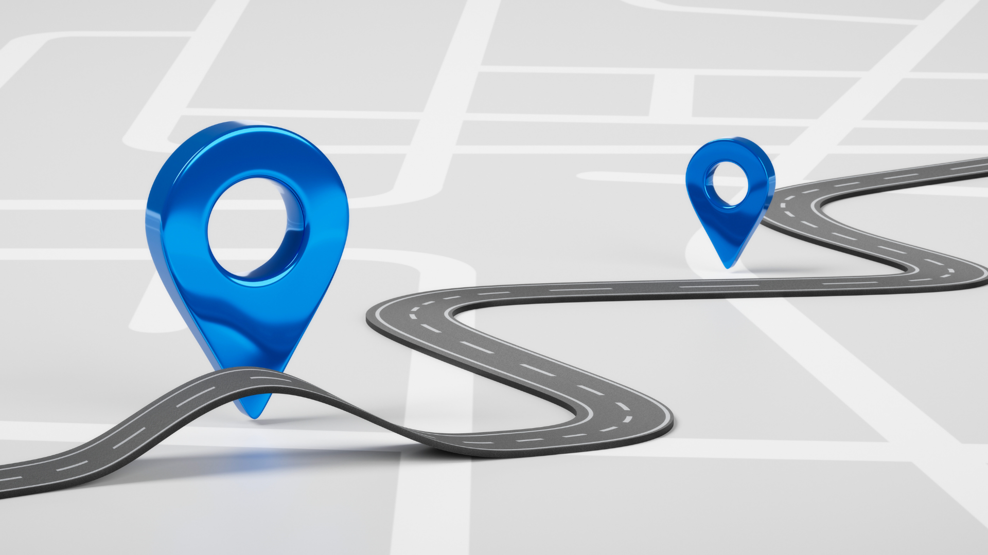 Blue map pins marking a winding road on a light gray map background
