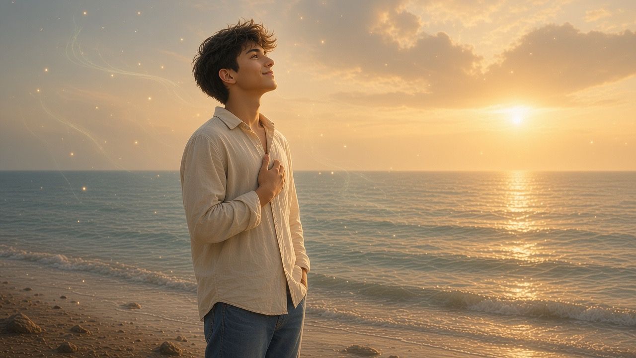 Young man standing on a beach at sunset, looking up toward the golden sky and ocean
