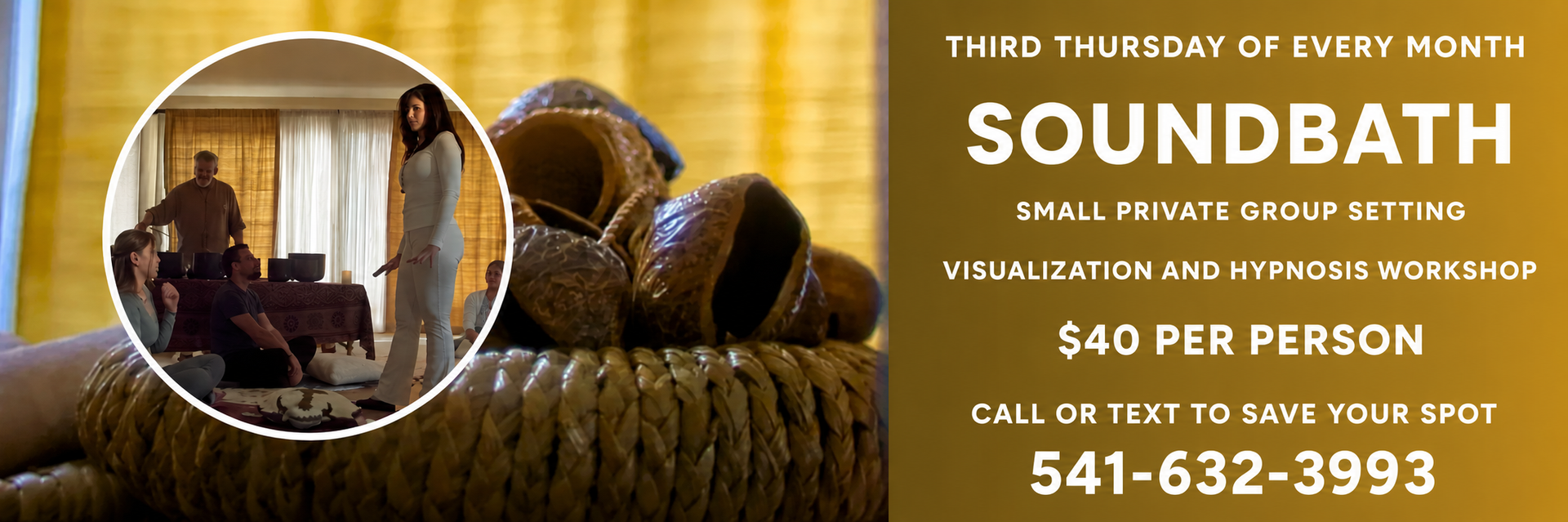 Sound bath event flyer with person meditating in a cozy room and a phone number for registration
