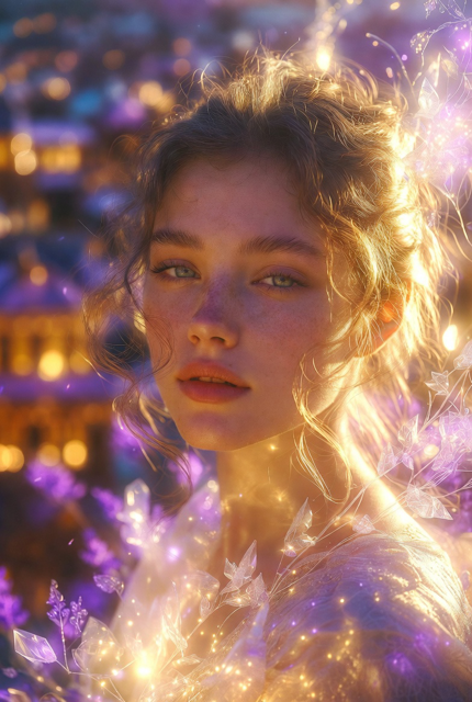 Woman with glowing skin and curly hair, surrounded by purple and gold sparkles, looking toward the viewer.