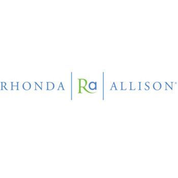 Rhonda Allison logo in blue and green with “Ra” monogram centered