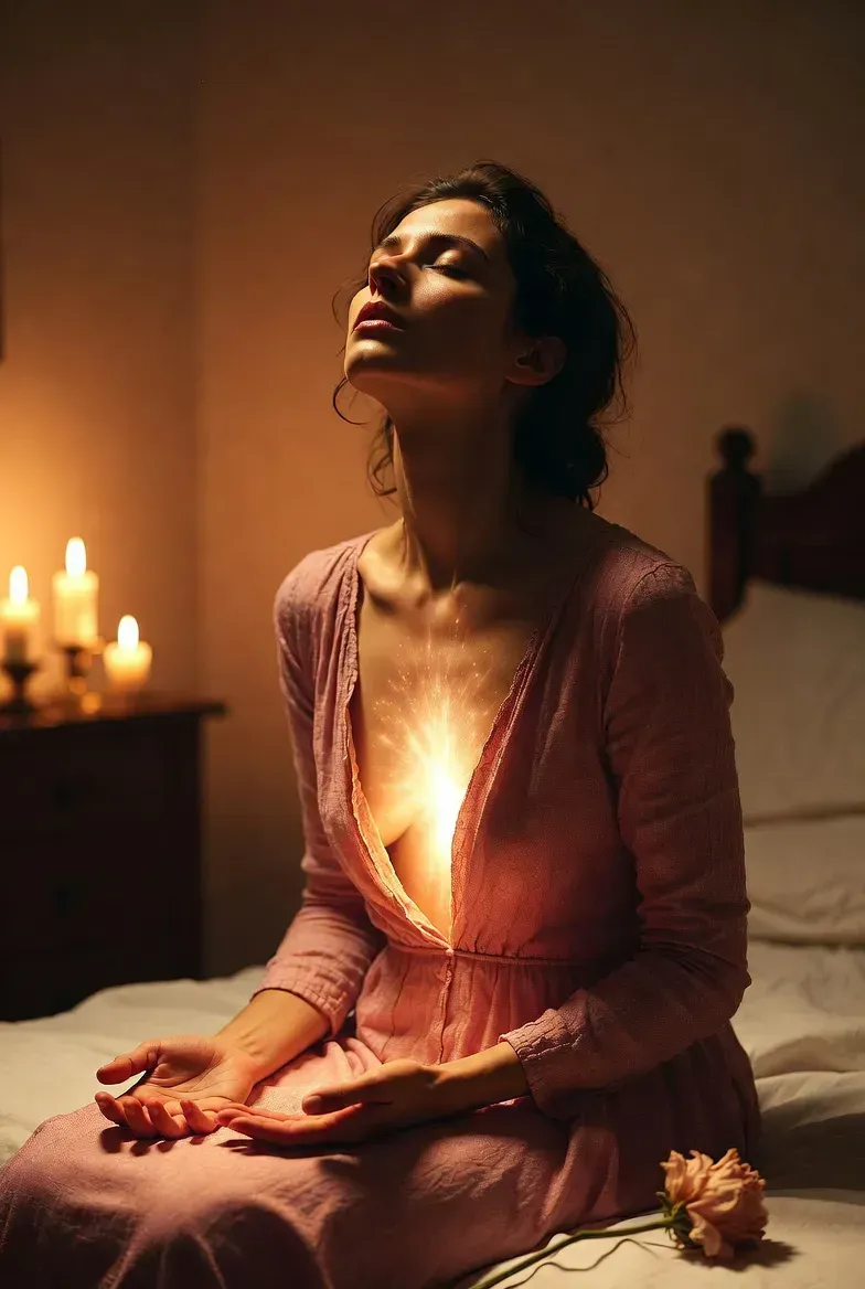 woman sitting on her bed, eyes closed in meditation with a light glowing around her heart