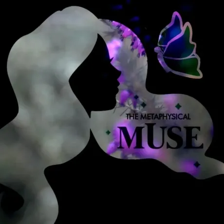 Stylized black-and-white profile with purple accents and the text “The Metaphysical Muse” plus a butterfly