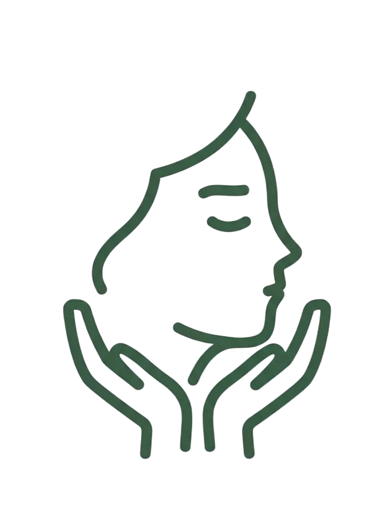 Green outline of a face with hands gently supporting the chin on a white background
