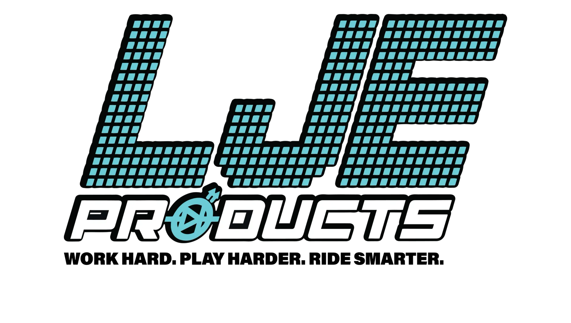 LJE Products logo with teal block letters and slogan, “Work hard. Play hard. Ride smarter.”