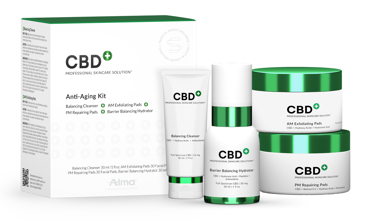 CBD skincare products: white and green packaging, various containers, box.
