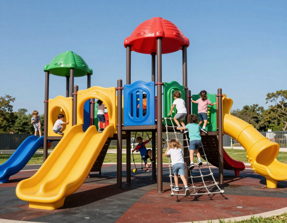Commercial playground structure with climbing towers, slides, and rope nets