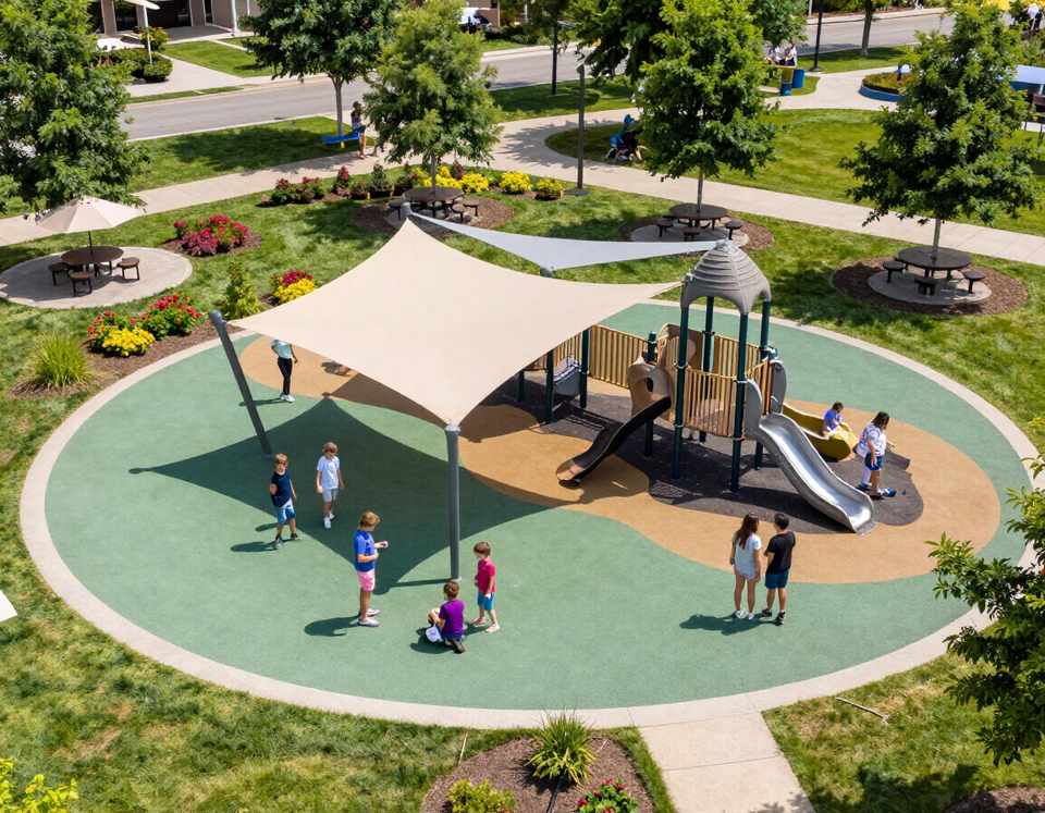 Completed community park playground installation with families enjoying the space