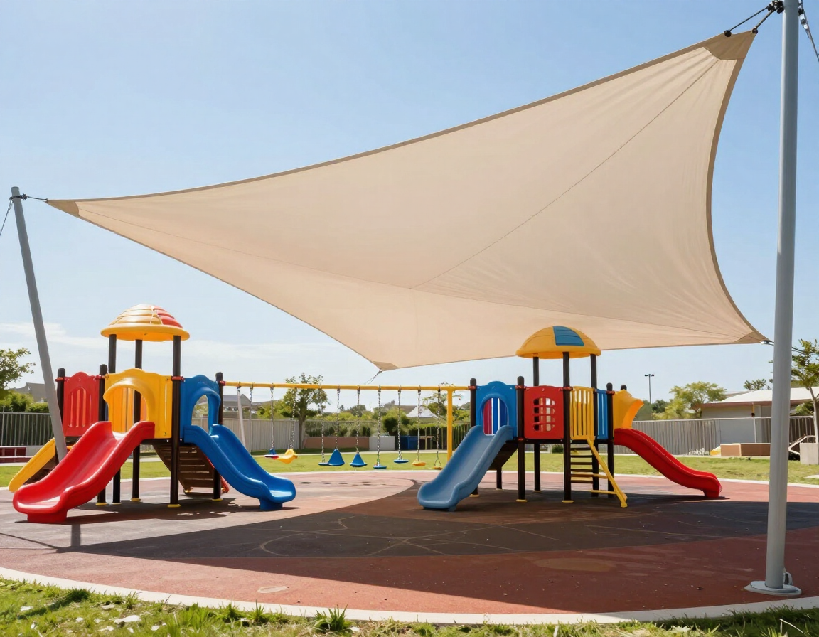 Shade sail canopy over a playground