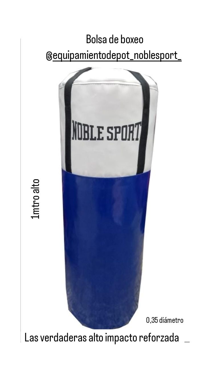 Un saco de boxeo Noble Sport azul y blanco, de 1 metro de altura y 0,28 metros de diámetro, sobre un fondo blanco.
