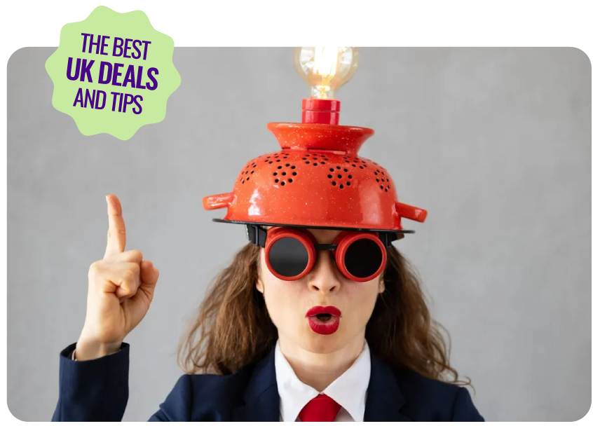 Miss Money Savvy wearing a red hat and goggles has a light bulb moment about the Best UK Deals and Tips.
