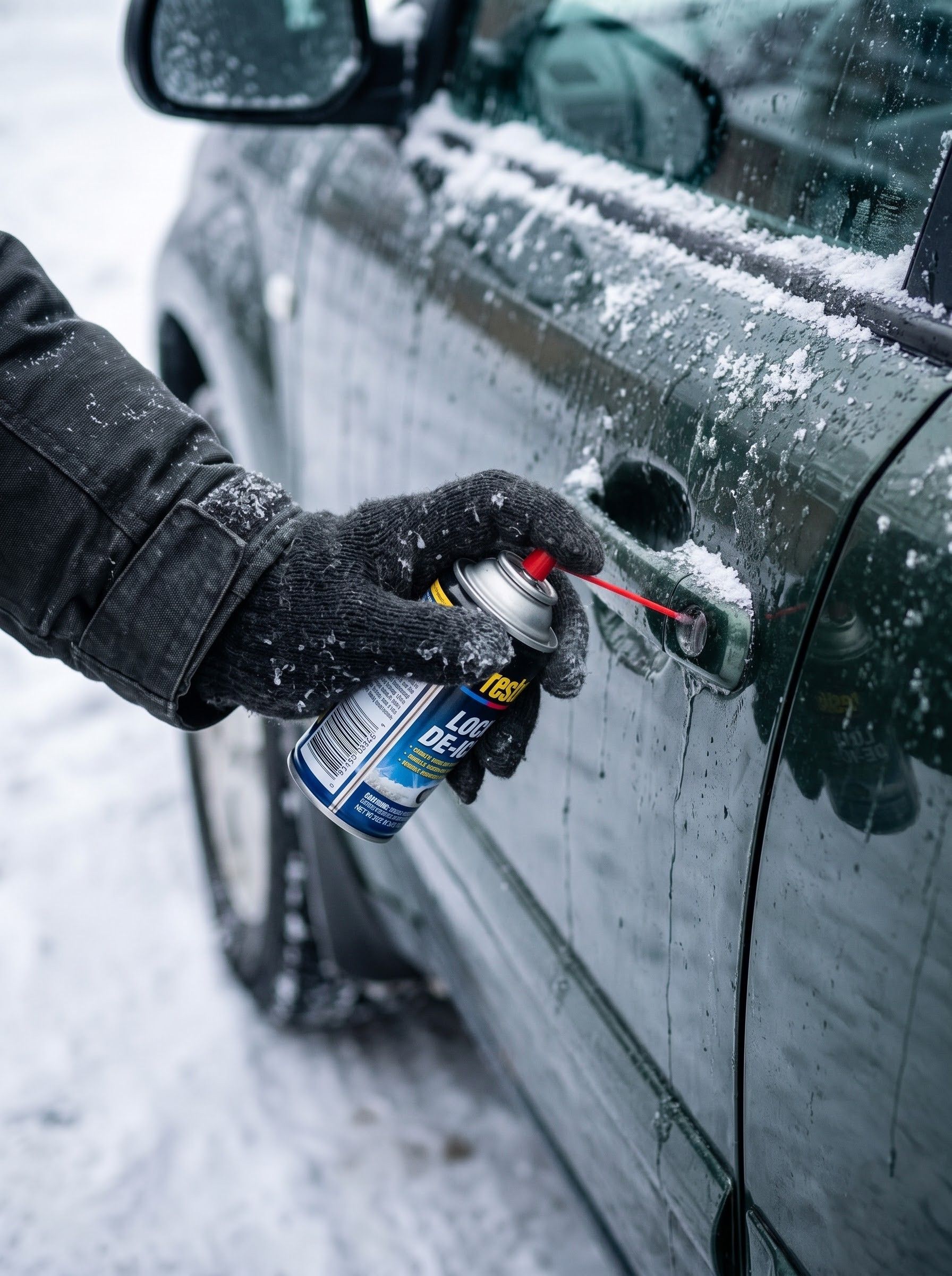 Gloved hand spraying snow and ice remover on a car door in winter