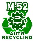 M-52 Auto Recycling logo with green gear and car face icon on white background