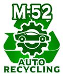 M-52 Auto Recycling logo with green gear and car face icon on white background