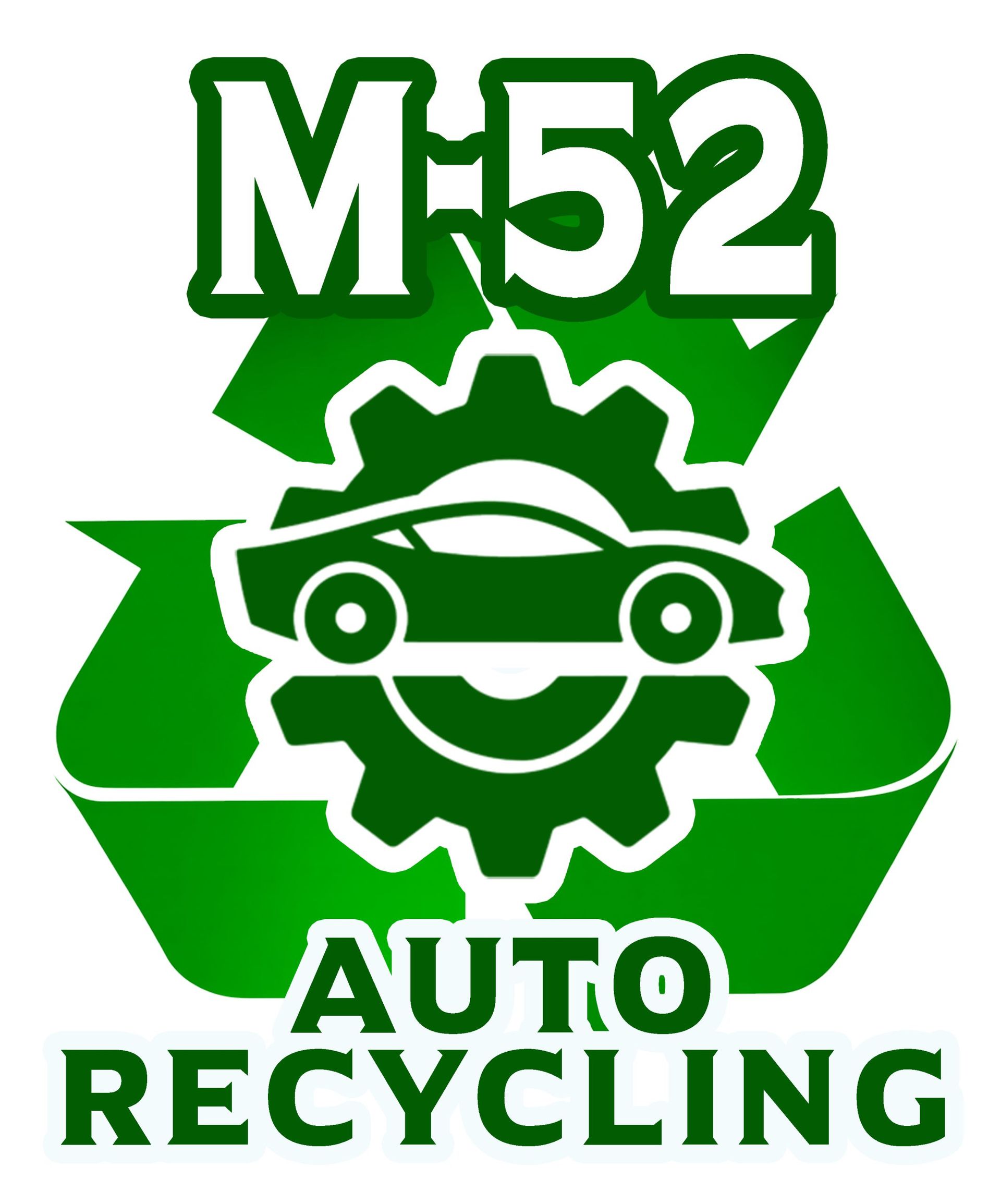 M-52 Auto Recycling logo with green gear and car face icon on white background