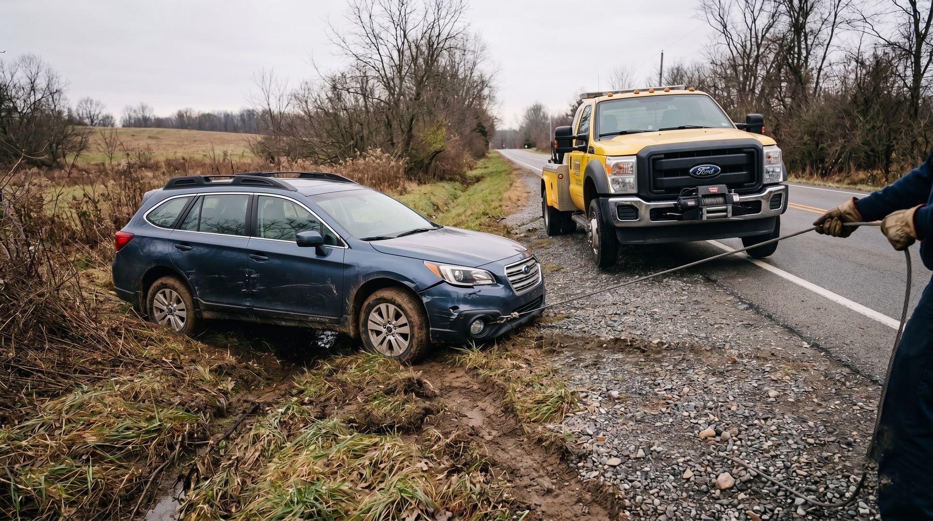 Blue car stuck in muddy ditch beside road, being pulled by a yellow tow truck