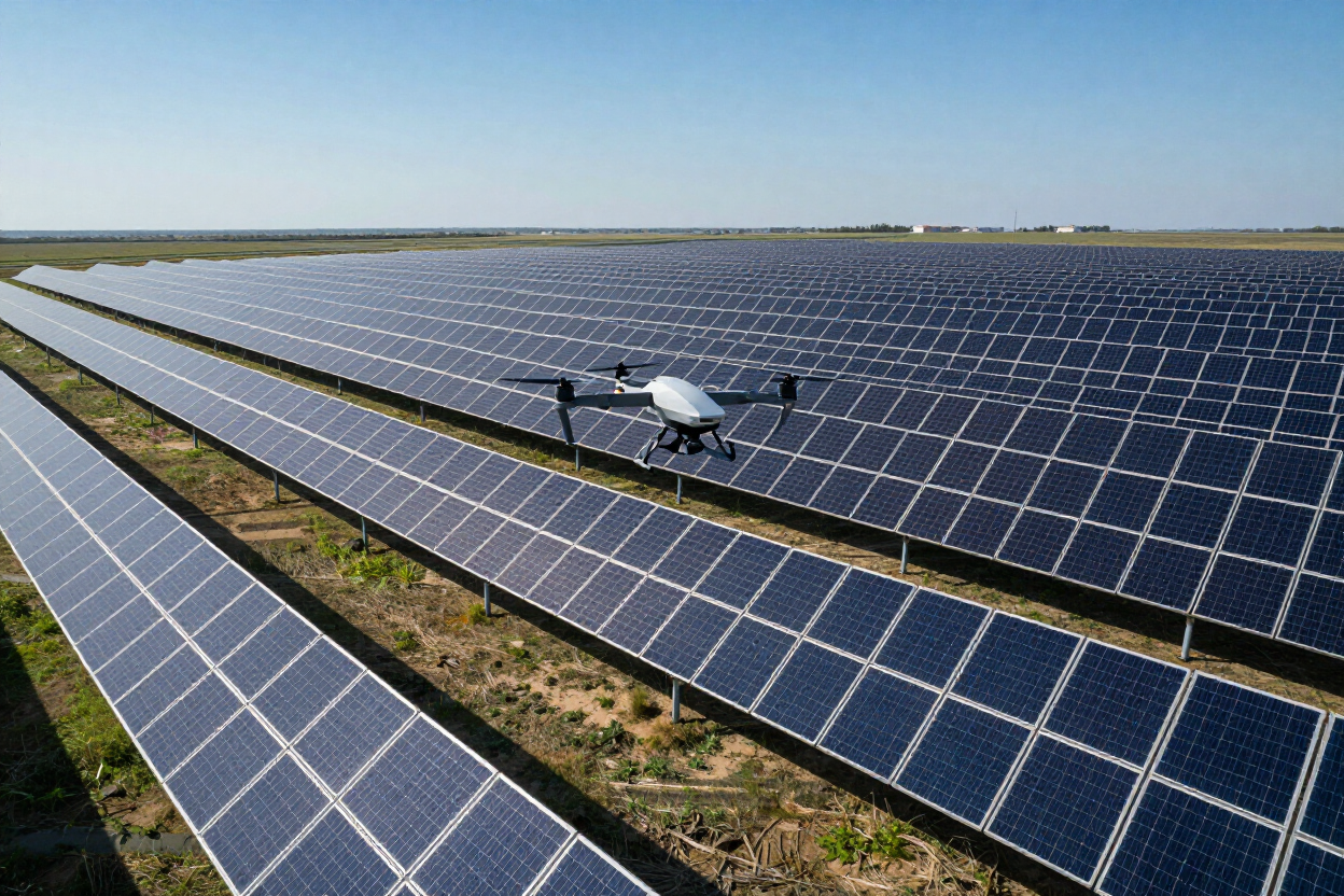 Drone over solar farm for vegetation management