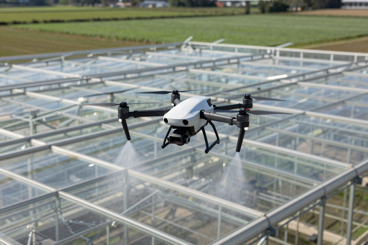 Drone applying Redusol on greenhouse roof