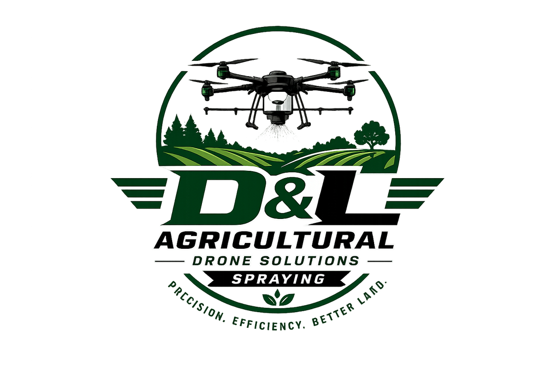 D&J Agricultural Drone Solutions logo with black drone, green field, and slogan 