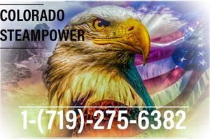Colorado Steampower logo with eagle over U.S. flag and phone number 1-719-275-6382