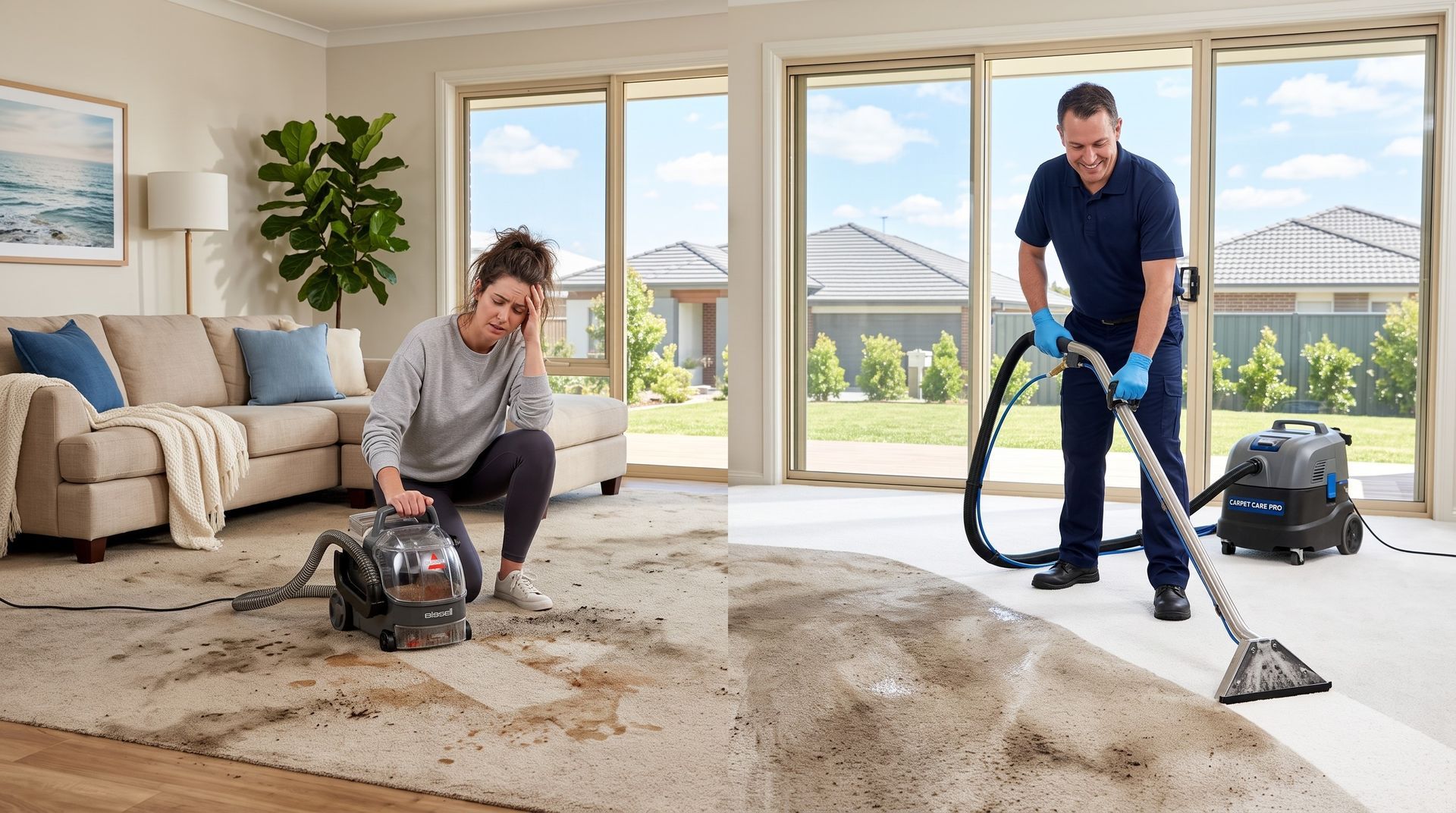 Two people vacuuming a beige carpet in a bright living room with large windows