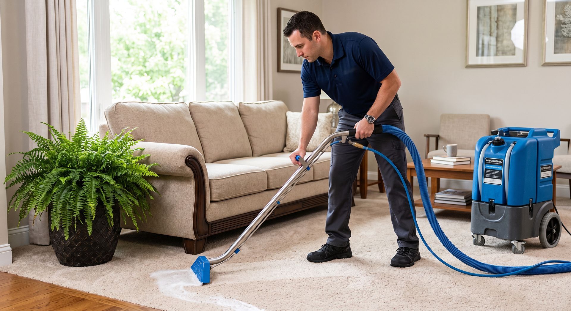 Man vacuuming a beige carpet with a blue extractor in a bright living room