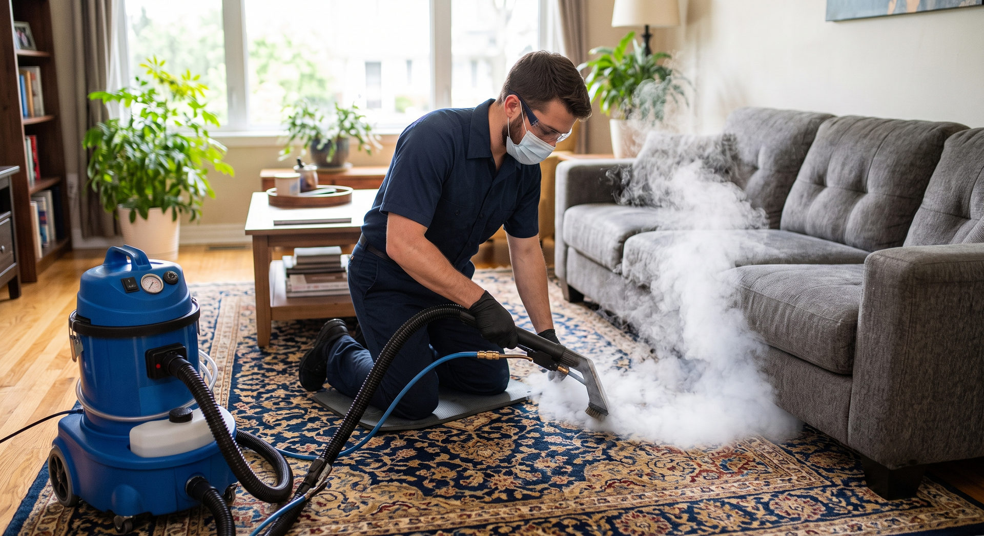 Technician cleaning a gray sofa with a steam extractor in a living room, steam rising over patterned rug