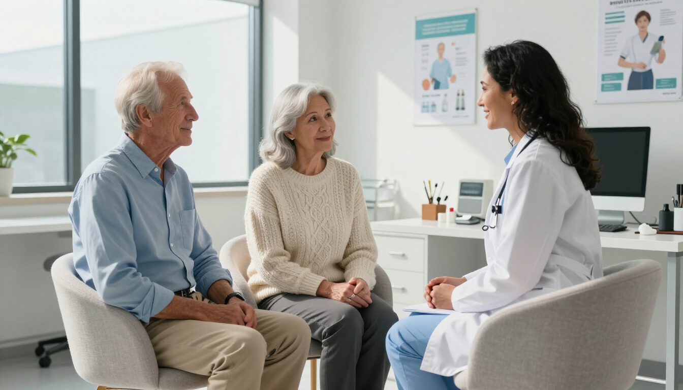 Senior couple consulting with a primary care doctor about Medicare options.