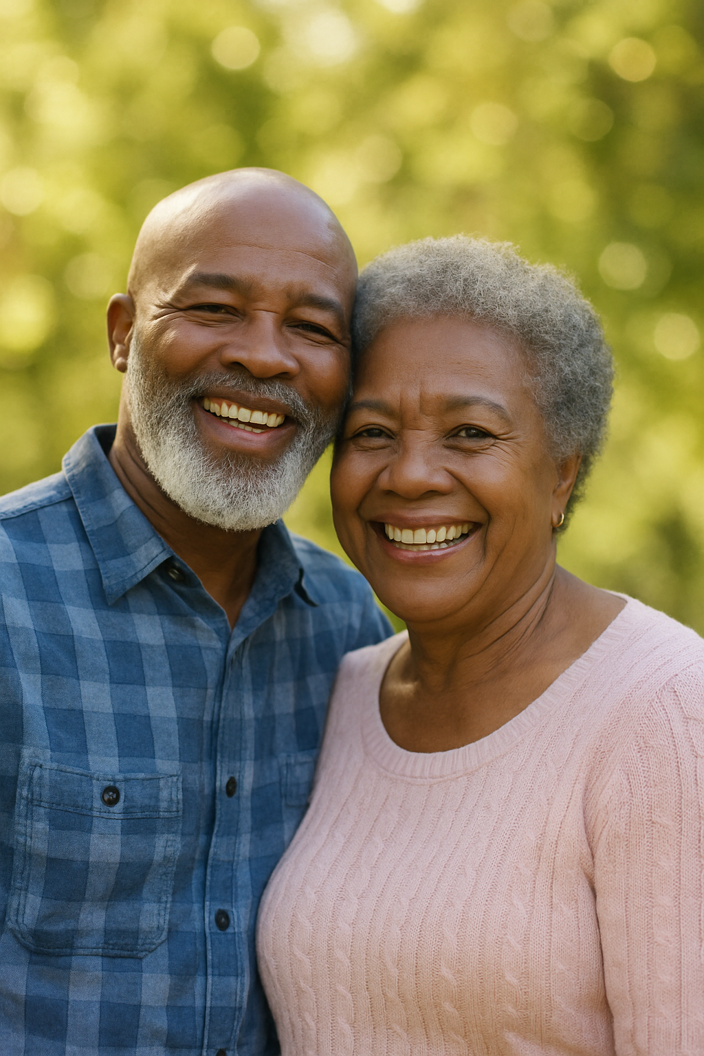 Smiling couple standing together outdoors with a blurred green background