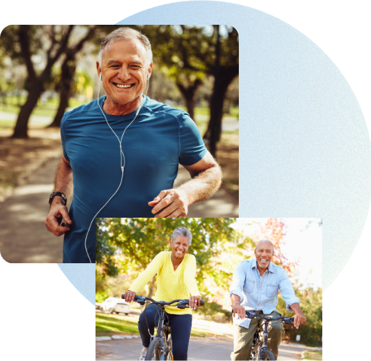 Two smiling cyclists riding outdoors in bright sunlight with a fitness runner above them