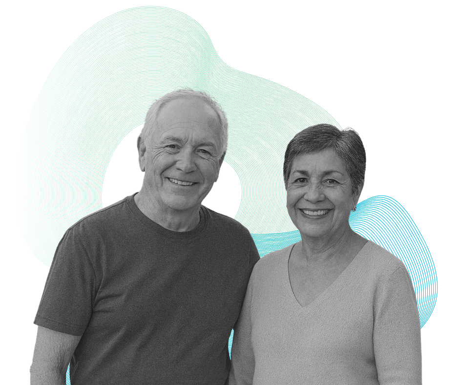 Smiling older couple, man in dark top, woman in light top, against blue lines background.