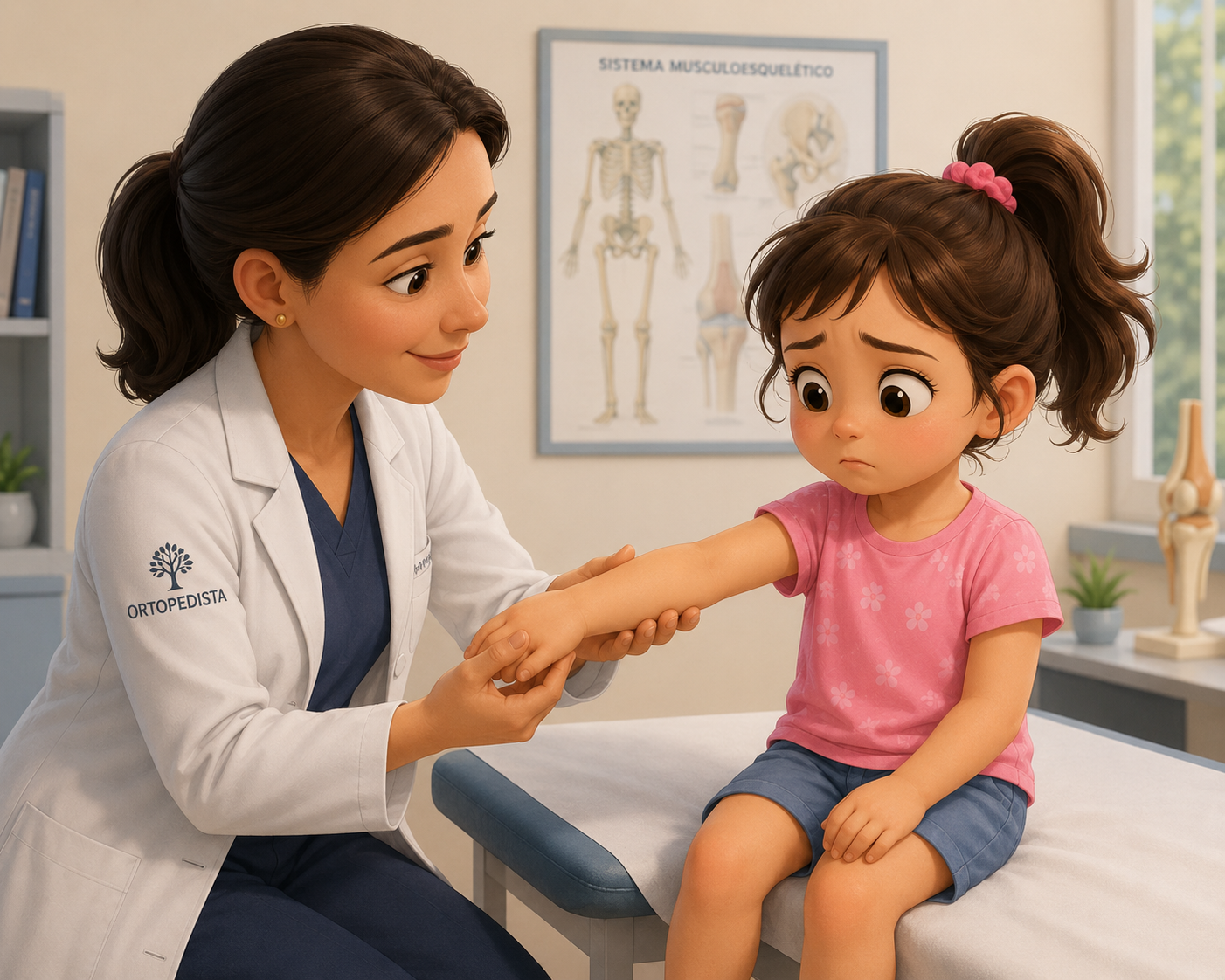 Médica ortopedista pediátrica examinando cotovelo da criança
