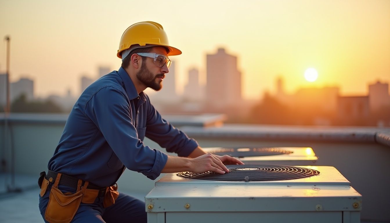 HVAC technician on a rooftop at sunset, inspecting an air conditioning unit; wearing safety gear.