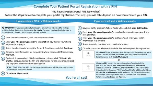 Instructions for completing patient portal registration with a PIN, in blue and white.