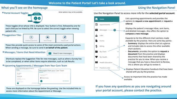Patient portal guide with navigation panel and homepage features explained.