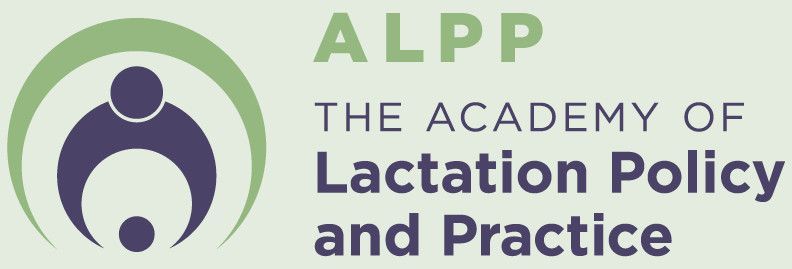 Logo for the Academy of Lactation Policy and Practice: green and purple abstract figures with text
