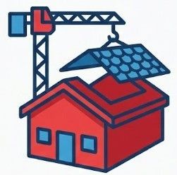 Construction of a red house with a crane lifting a blue roof panel.