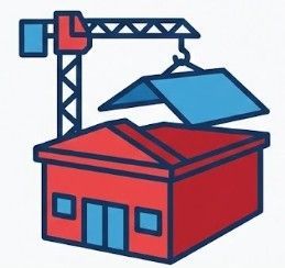 Red building with crane placing a blue roof.