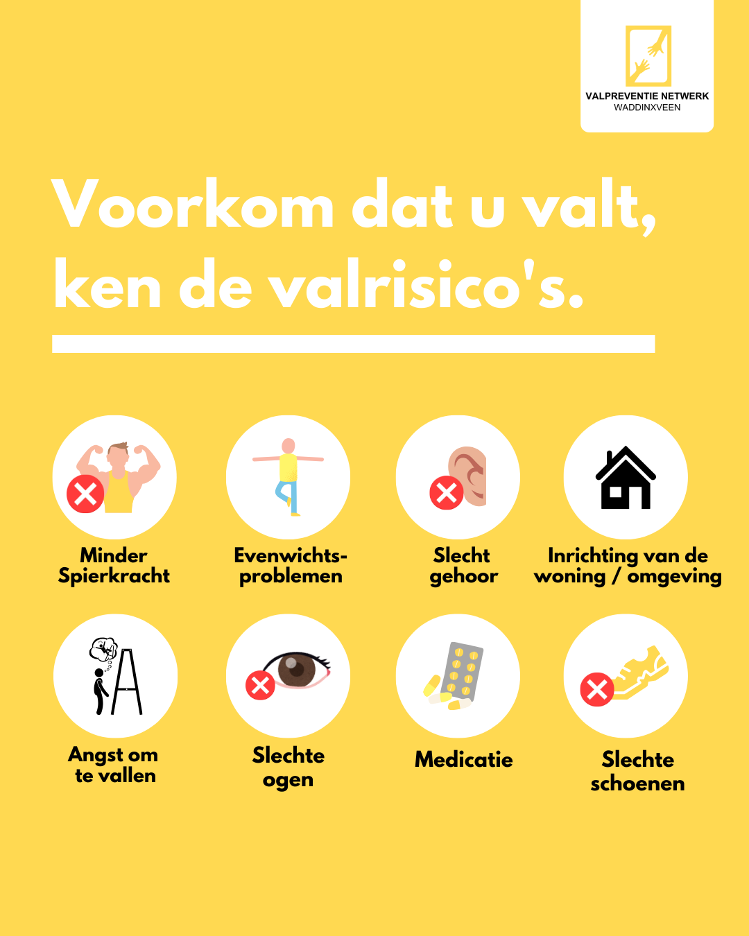 Gele Nederlandse poster ter voorkoming van vallen, met pictogrammen voor risico's zoals gladde vloeren, slechte verlichting, losse kabels en schoeisel.mai