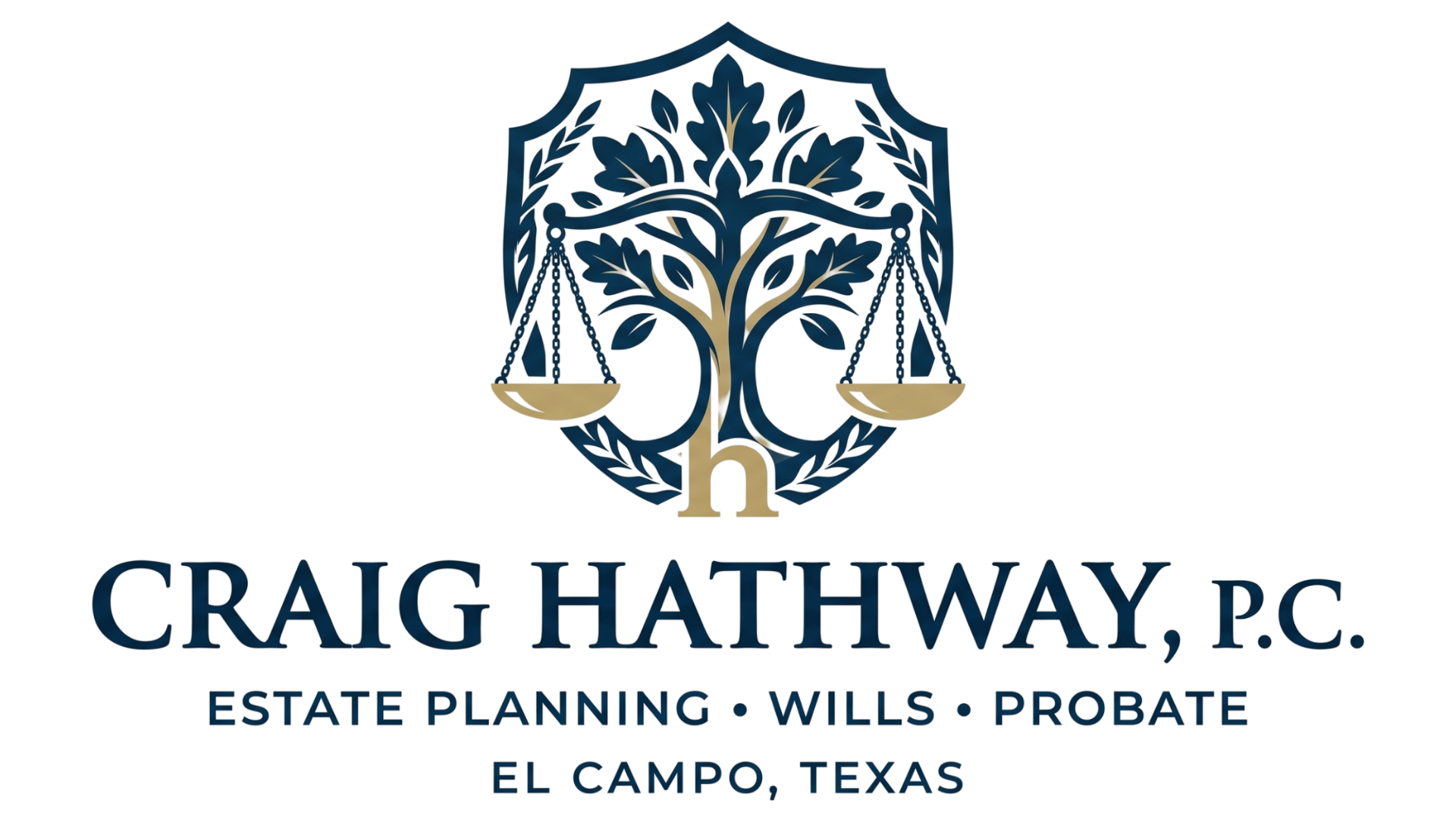 Craig Hathaway, P.C. logo with blue tree and scales, estate planning, wills, probate, El Campo, Texas