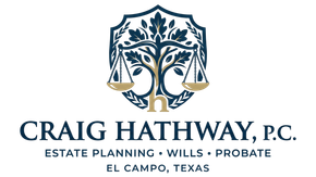 Craig Hathaway, P.C. logo with blue tree and scales, estate planning, wills, probate, El Campo, Texas