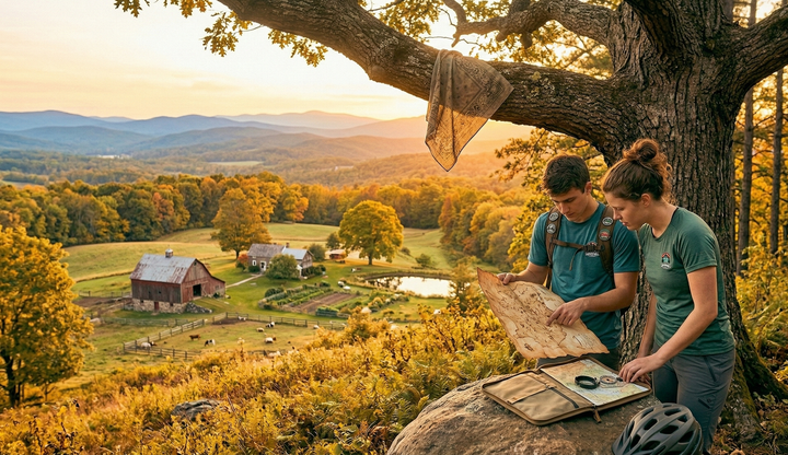 Two people study a map on a large rock under a tree, overlooking a scenic valley with a farm and autumn trees at sunset.