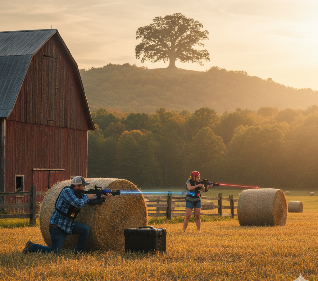 Two people in a field with hay bales and a barn engage in a simulated laser tag battle with blue and red light beams.