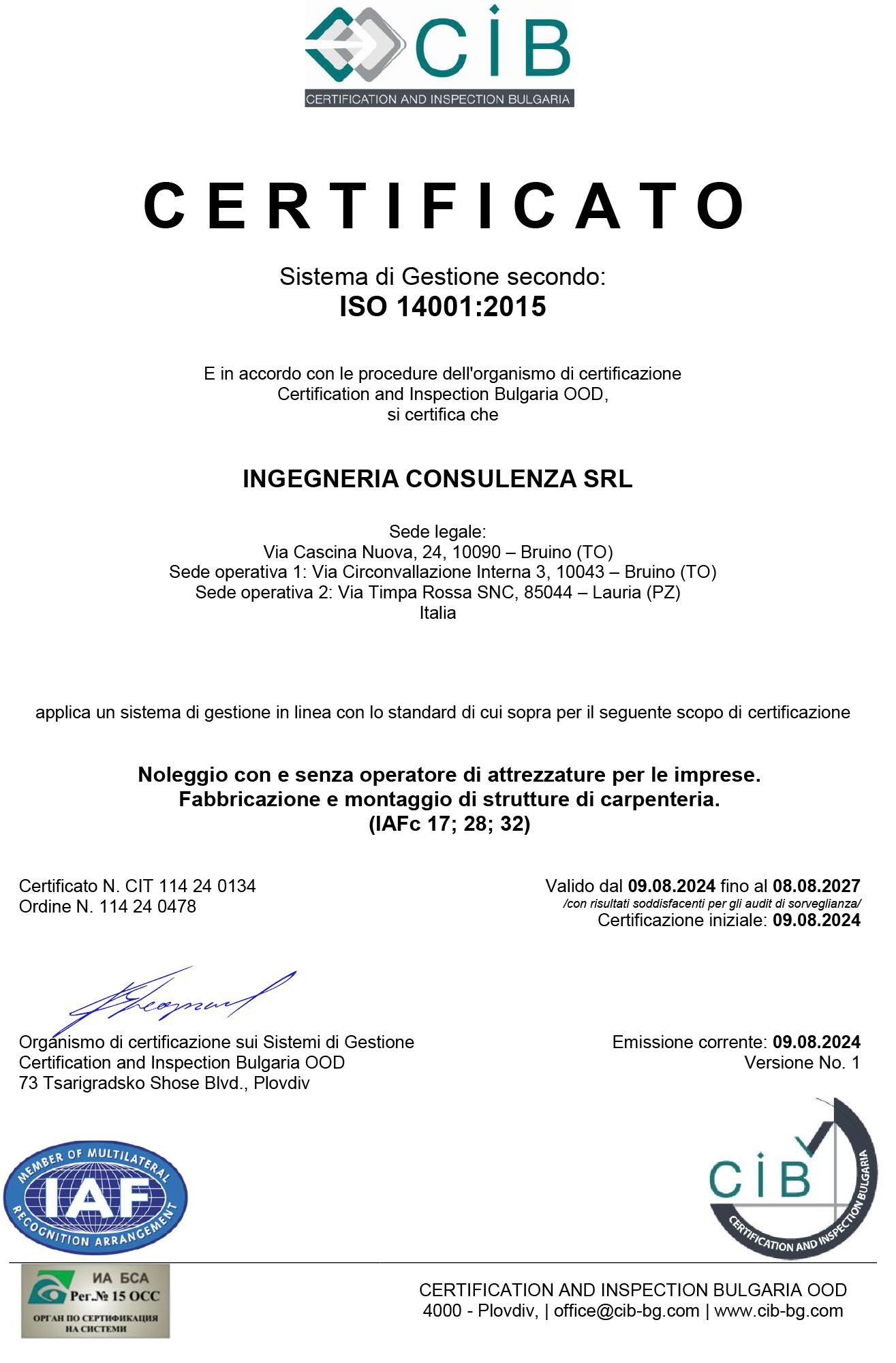 Certificazione di INCO srl a Torino.