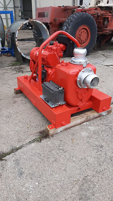 Pompa dell'acqua rossa con raccordi argentati.