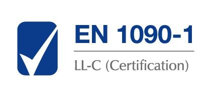 Logo EN 1090-1 LL-C (Certificazione). Segno di spunta blu in un quadrato blu.